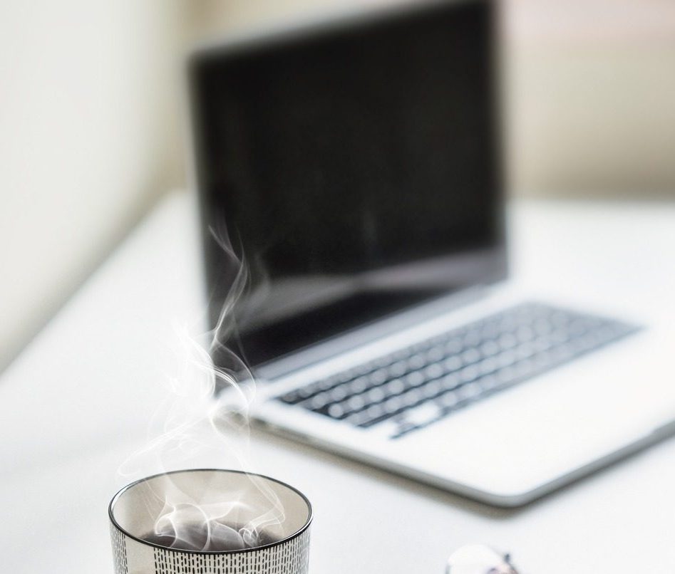 desk, tea, coffee cup, coffee, table, tea cup, laptop, cup, mug, workplace